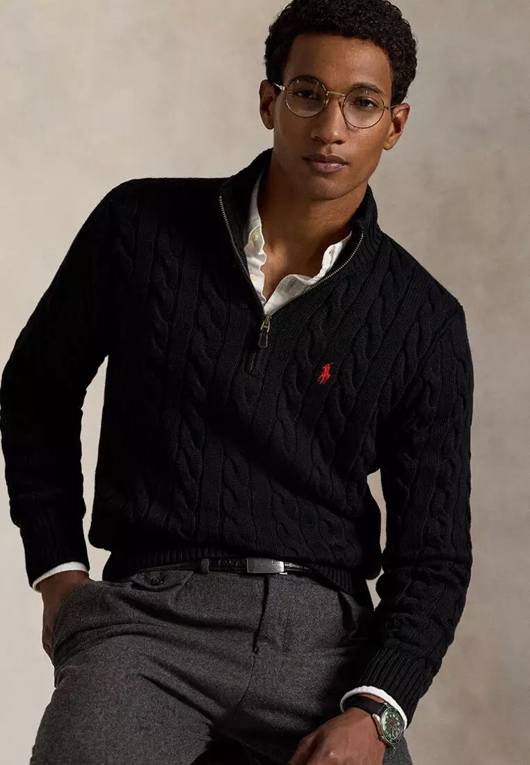 RALPH LAUREN KNIT COTTON QUARTER-ZIP SWEATER BLACK