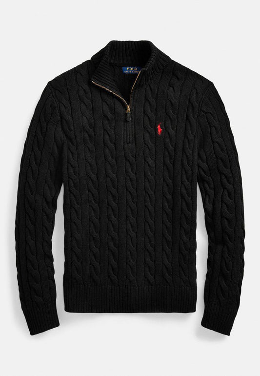 RALPH LAUREN KNIT COTTON QUARTER-ZIP SWEATER BLACK