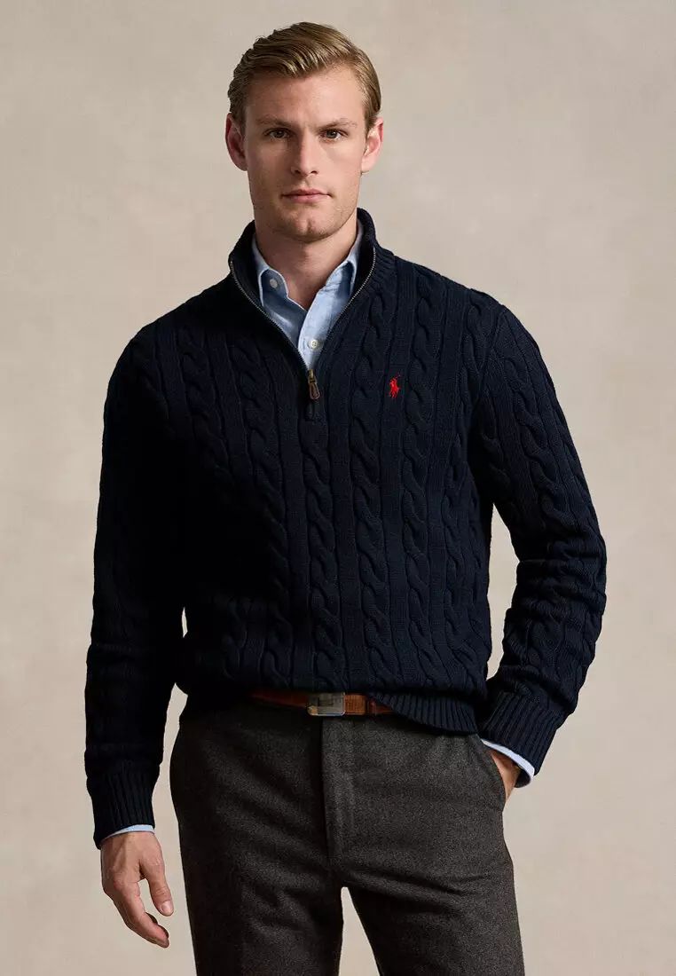 RALPH LAUREN KNIT COTTON QUARTER-ZIP SWEATER NAVY BLUE